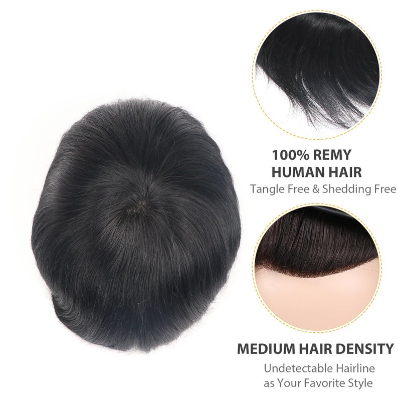 lumeng Hair System for Mens Toupee Hair Replacement System Mono Lace With Npu Reinforce Lace Systems Size 6x8 Inch 6 Inch Length Color 1# 100% Human Hair Unit Protesis Capilar Hombre Mens Toupee - Image 2